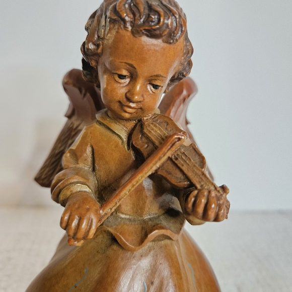 VTG THORENS HAND CARVED PAINTED MUSIC BOX ANGEL PLAYING VIOLIN SWITZERLAND - Picture 3 of 16